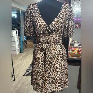 Wayf Leopard Print Midi Wrap Dress - Tan Black